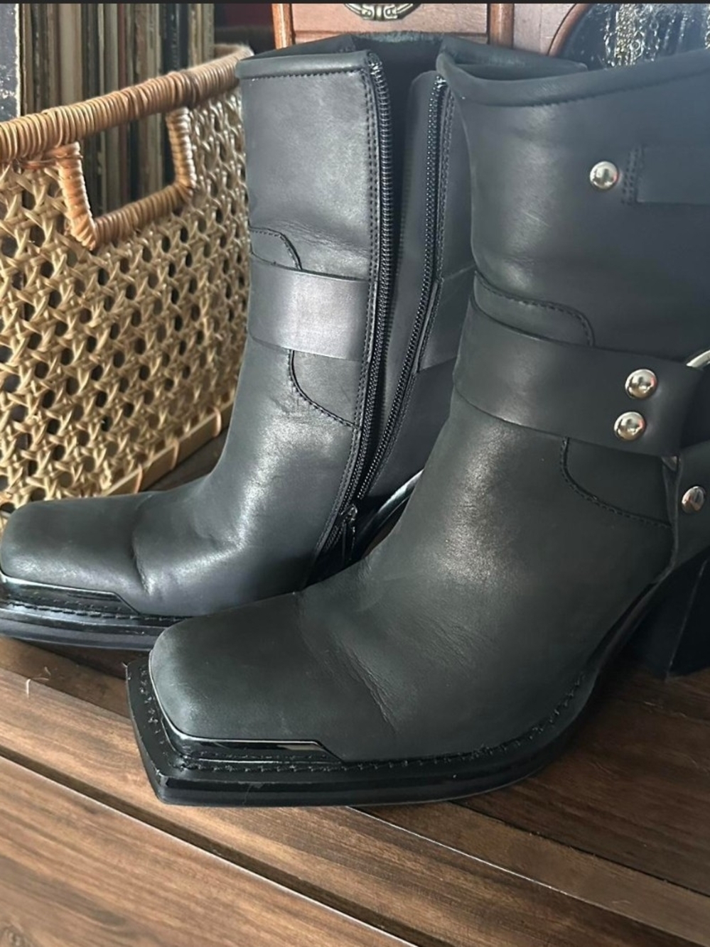 Jeffrey Campbell "Handler" Black Leather Ankle Boots with Studded Strap